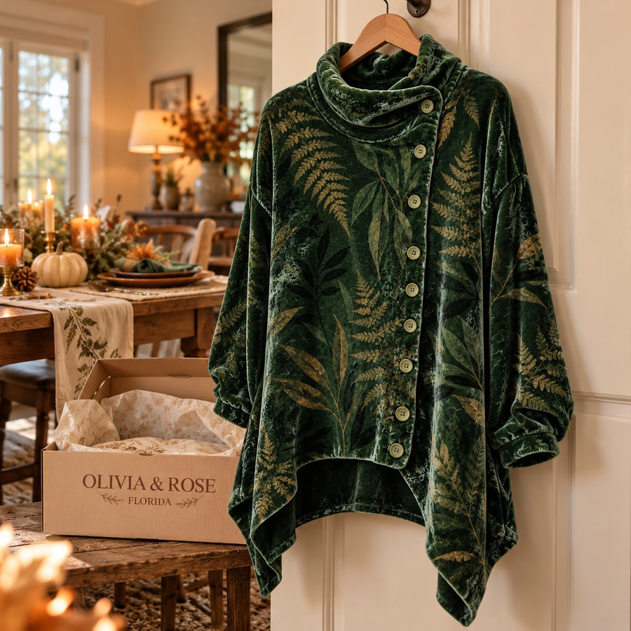 The Chloe velvet tunic hanging by a table set for an autumn dinner