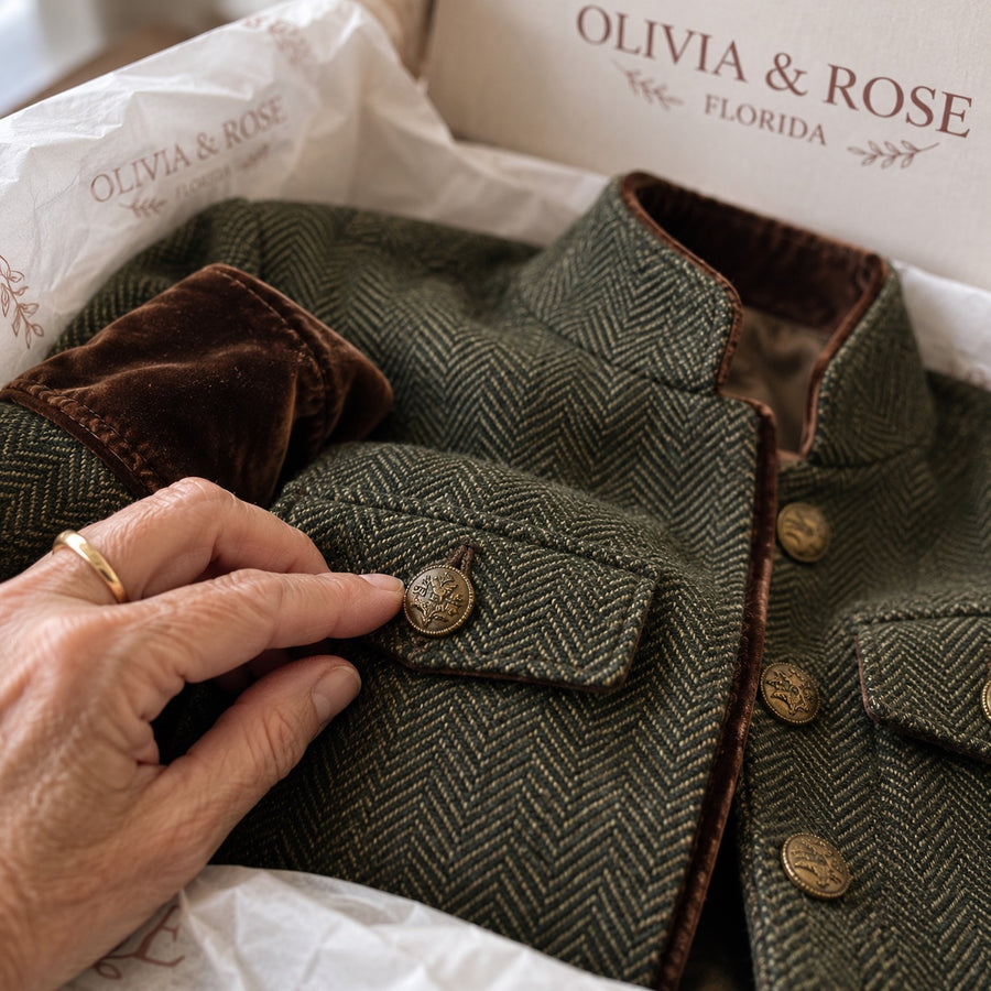 The engraved metal button and herringbone of the Evangeline jacket in its Olivia & Rose box