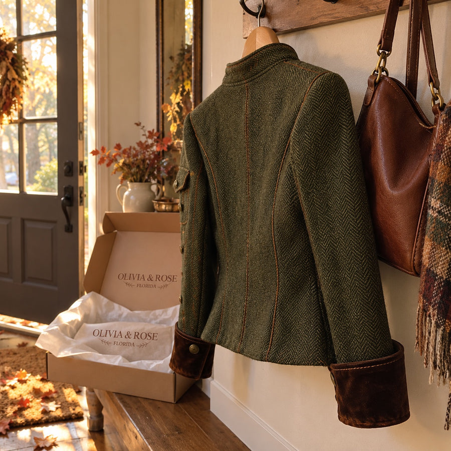 The Evangeline jacket hanging by the front door on an autumn morning