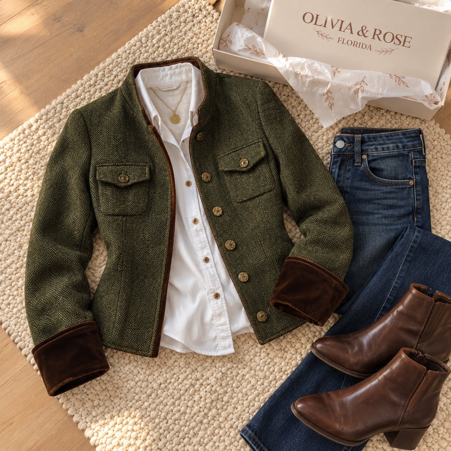 The Evangeline jacket with a white shirt, jeans and brown ankle boots