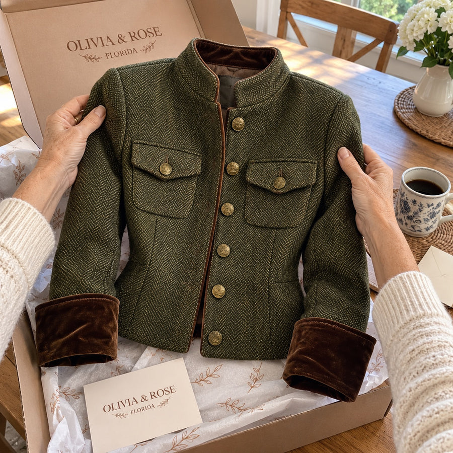 Unboxing the Evangeline jacket at the kitchen table