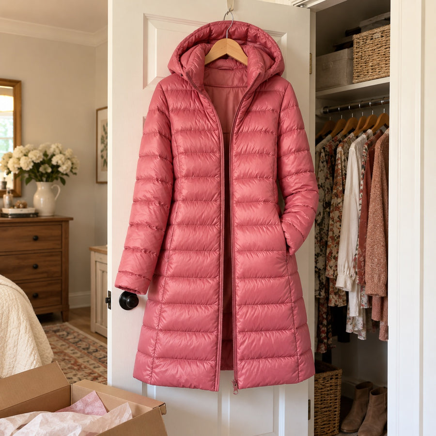 The Feathra coat on a hanger