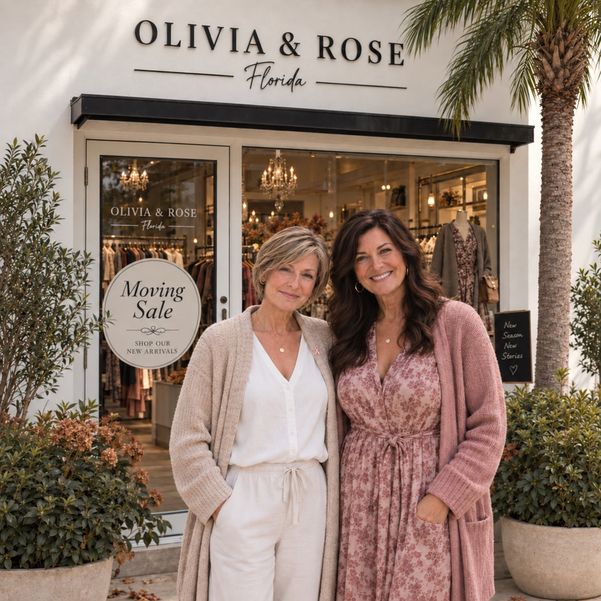 Olivia and Rose, the two sisters, in front of their Florida boutique