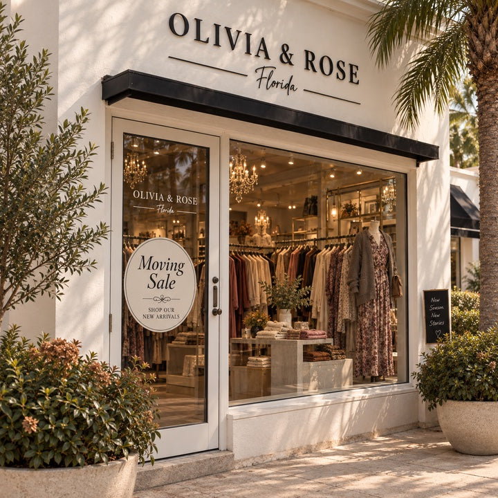 Olivia and Rose Florida boutique storefront with Moving Sale window sign