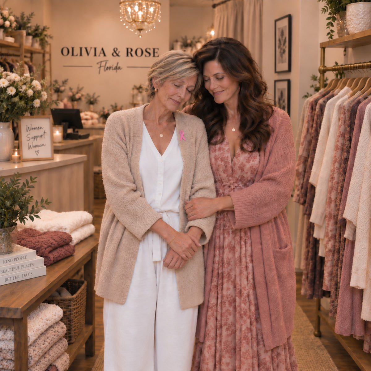 Olivia and Rose, the two sisters, together inside their Florida boutique