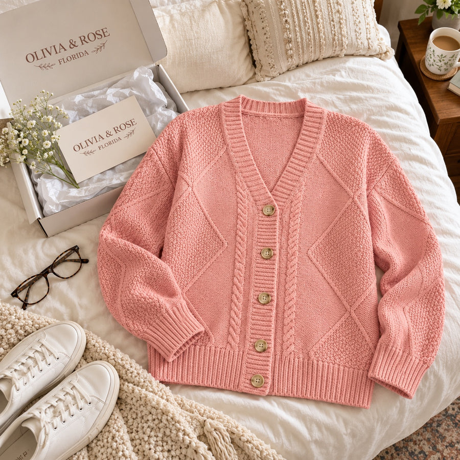 The pink Joyce cardigan laid out on a bed next to its Olivia & Rose box