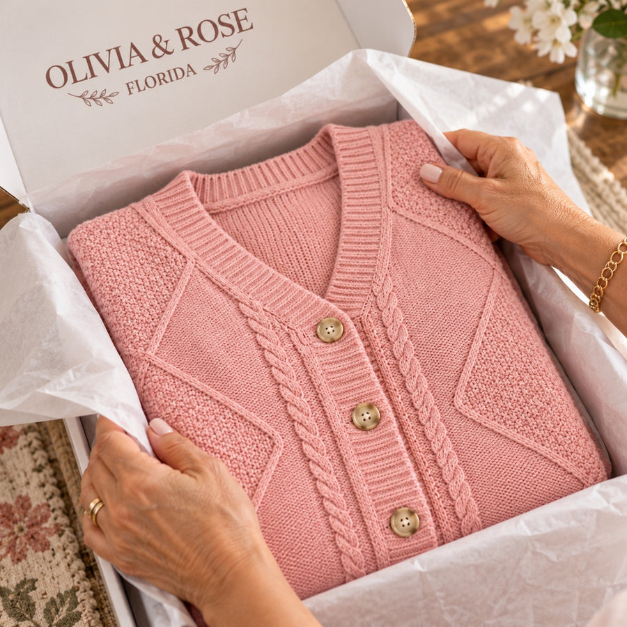 Close-up of the cable knit and buttons of the pink Joyce cardigan in its Olivia & Rose box