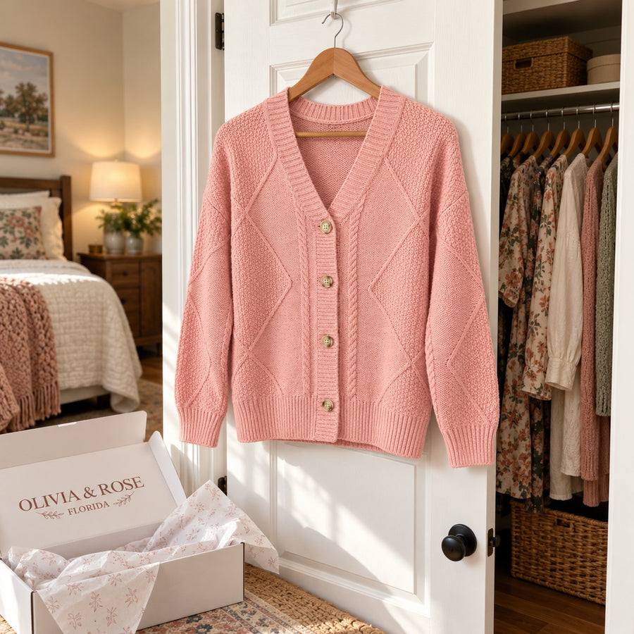 The pink Joyce cardigan on a hanger