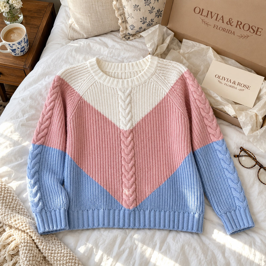 Lorella | Cozy Color Block Cable Knit Sweater With Chevron Panel