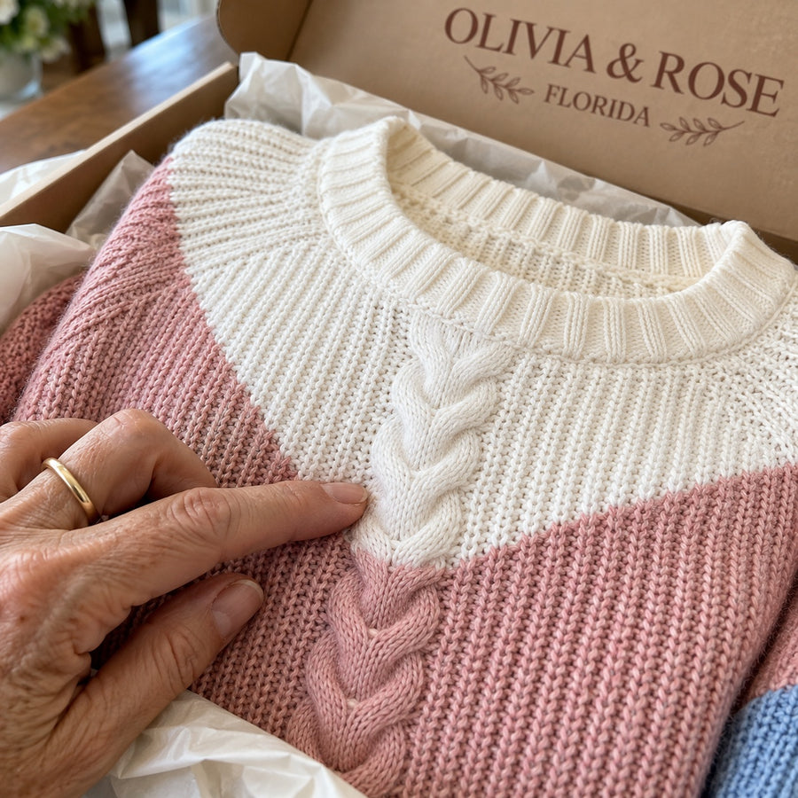 The braided cable and colors of the Lorella sweater in its Olivia & Rose box