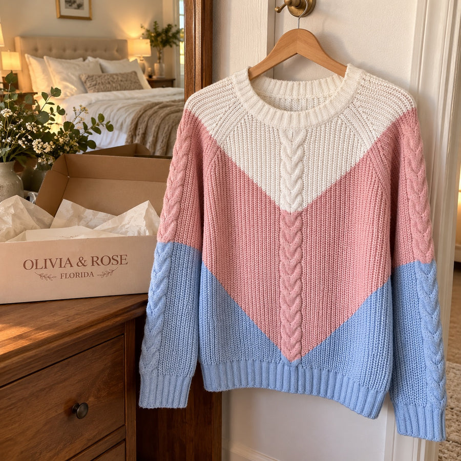 The Lorella sweater on a hanger beside a bedroom mirror