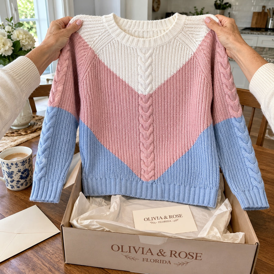 Unboxing the Lorella sweater at the kitchen table