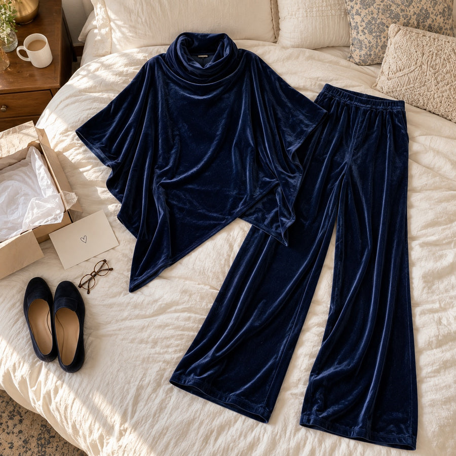 The Monica poncho and wide-leg pants laid out on a bed