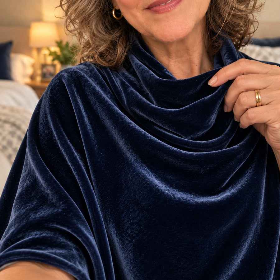 Close-up of the draped cowl neck of the Monica