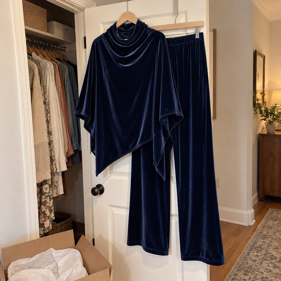 The navy Monica set on a hanger, poncho and pants together