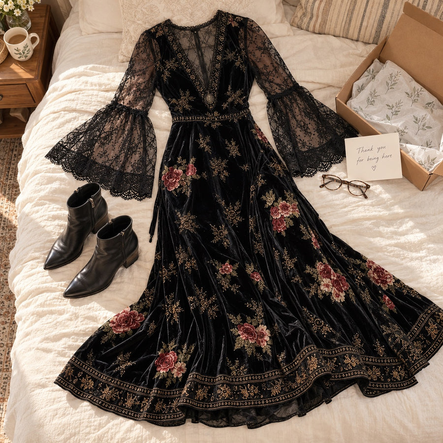 The Natalie velvet dress laid out on a bed, showing the rose pattern