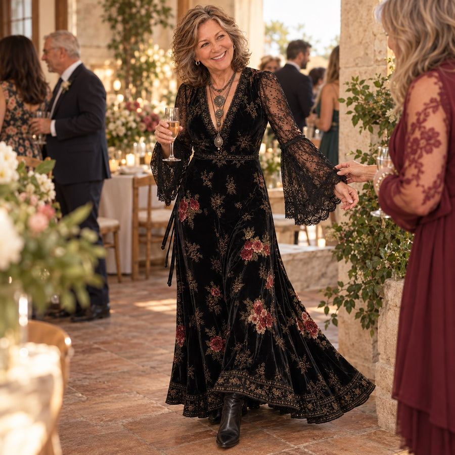A woman wearing the Natalie at an evening party