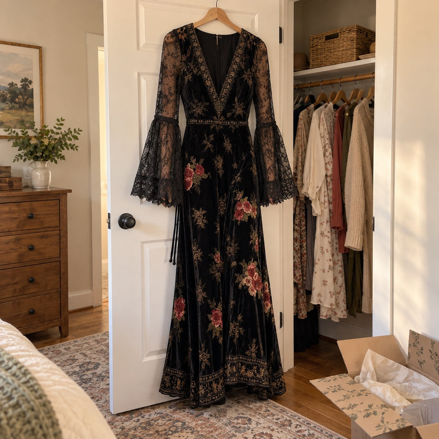 The Natalie dress on a hanger, showing the waistband and long skirt