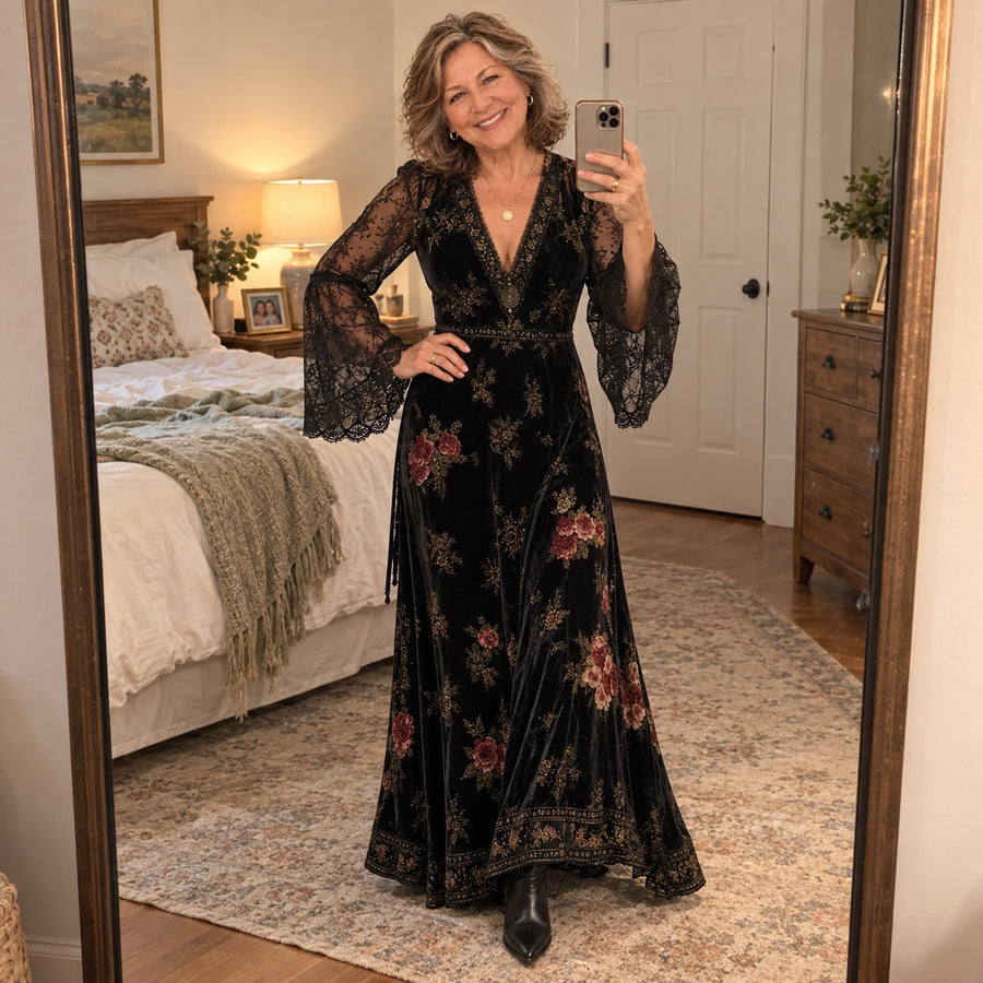 Natalie | Velvet Lace-Sleeve Maxi Dress