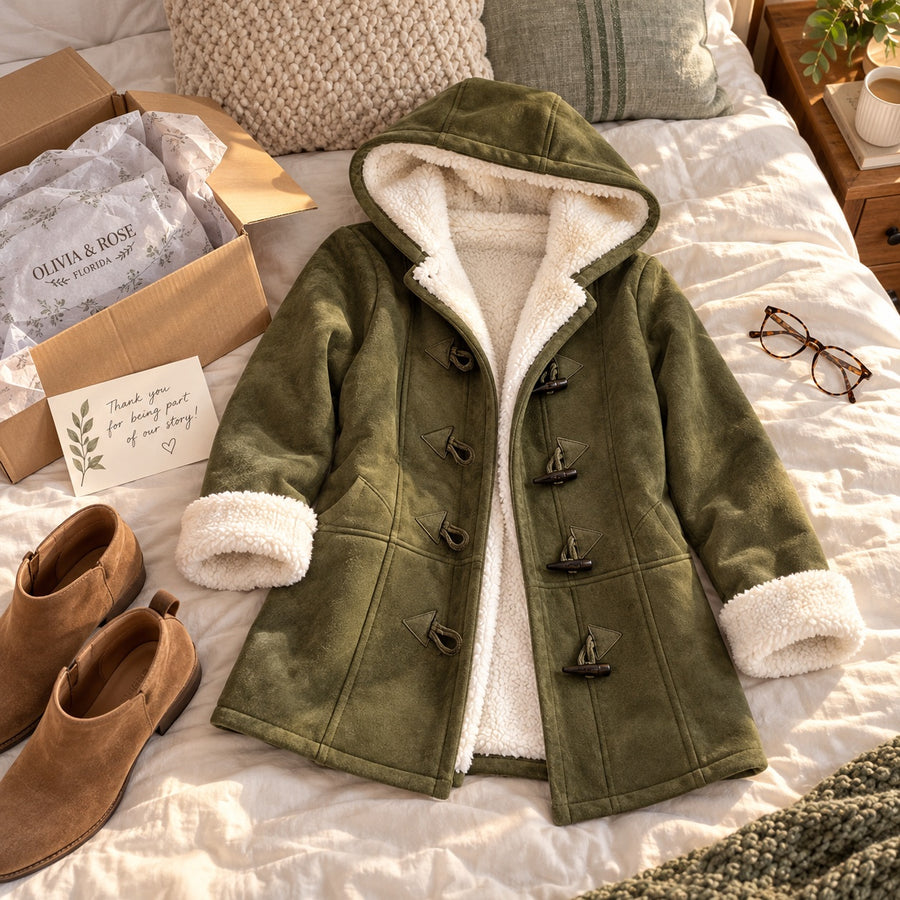 The olive green Noemi laid out on a bed