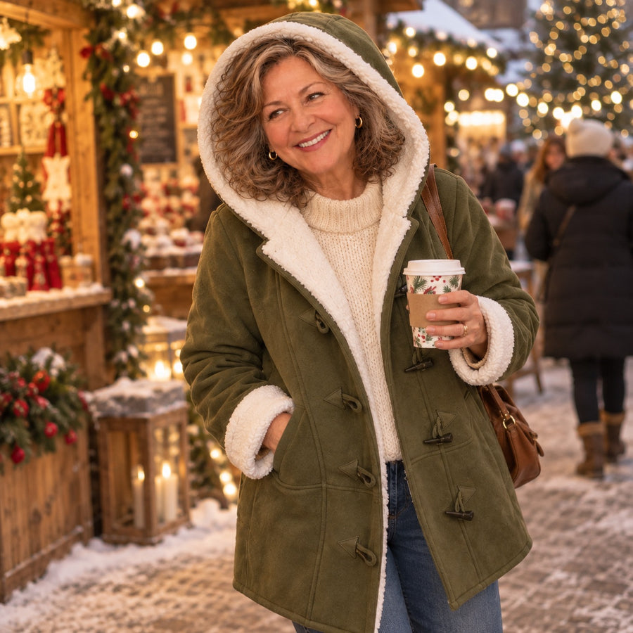 A woman in the Noemi with the hood up at a Christmas market