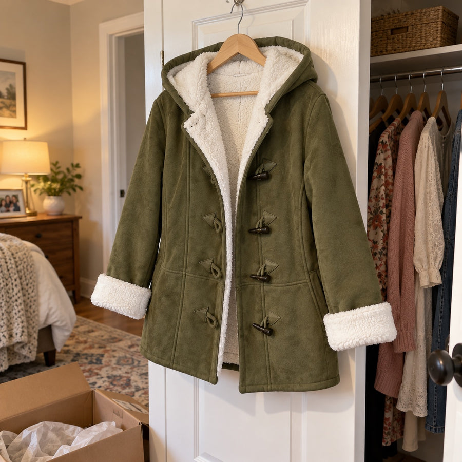 The olive green Noemi on a hanger, showing the toggle closures