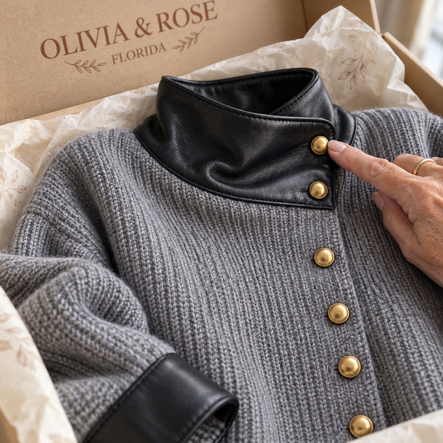 Close-up of the black faux leather collar and a gold button on the gray ribbed knit