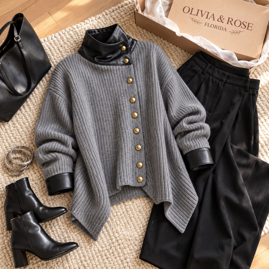 The Olivia knit jacket laid out with black trousers, ankle boots and a leather tote