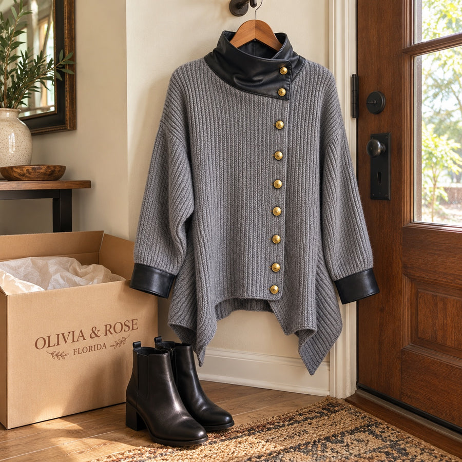 The gray Olivia knit jacket hanging in the front hallway