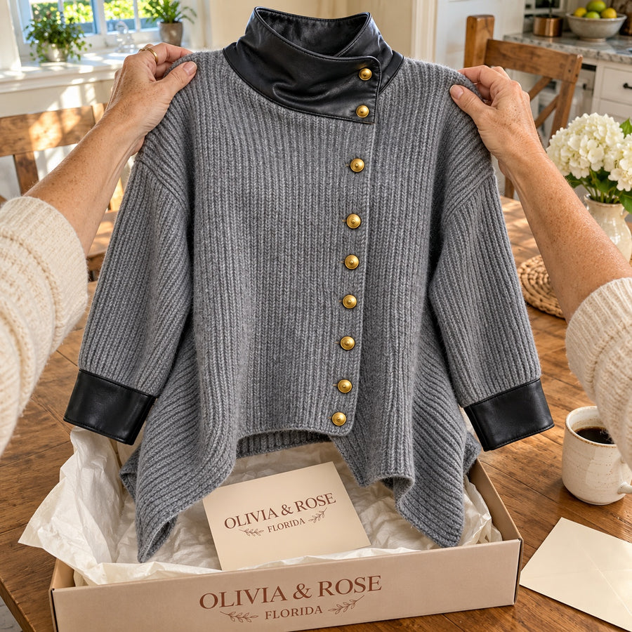 Unboxing the gray Olivia knit jacket at the kitchen table
