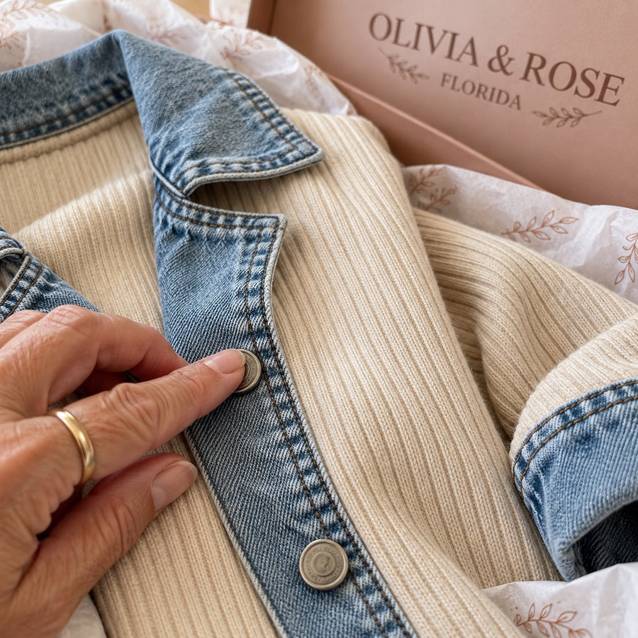 The denim collar and metal buttons of the Riley cardigan in its Olivia & Rose box