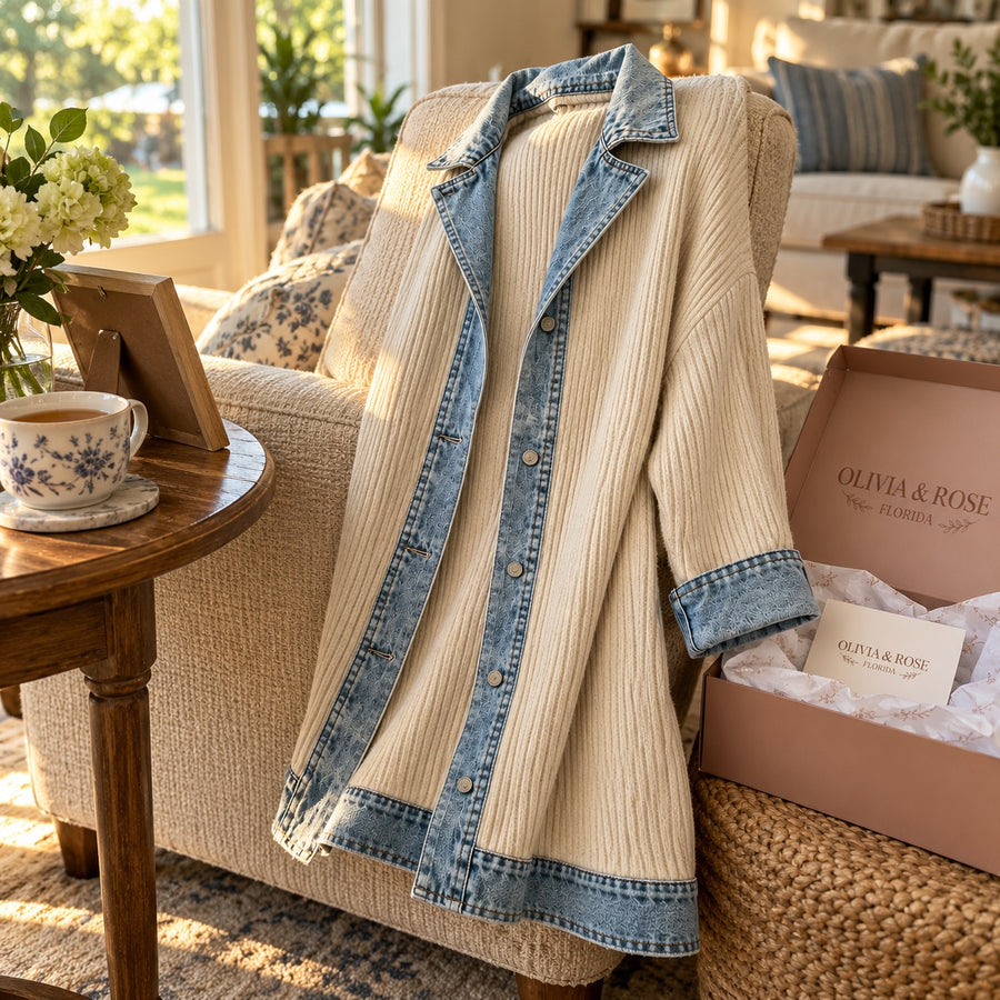 The Riley cardigan draped over an armchair in a sunny living room