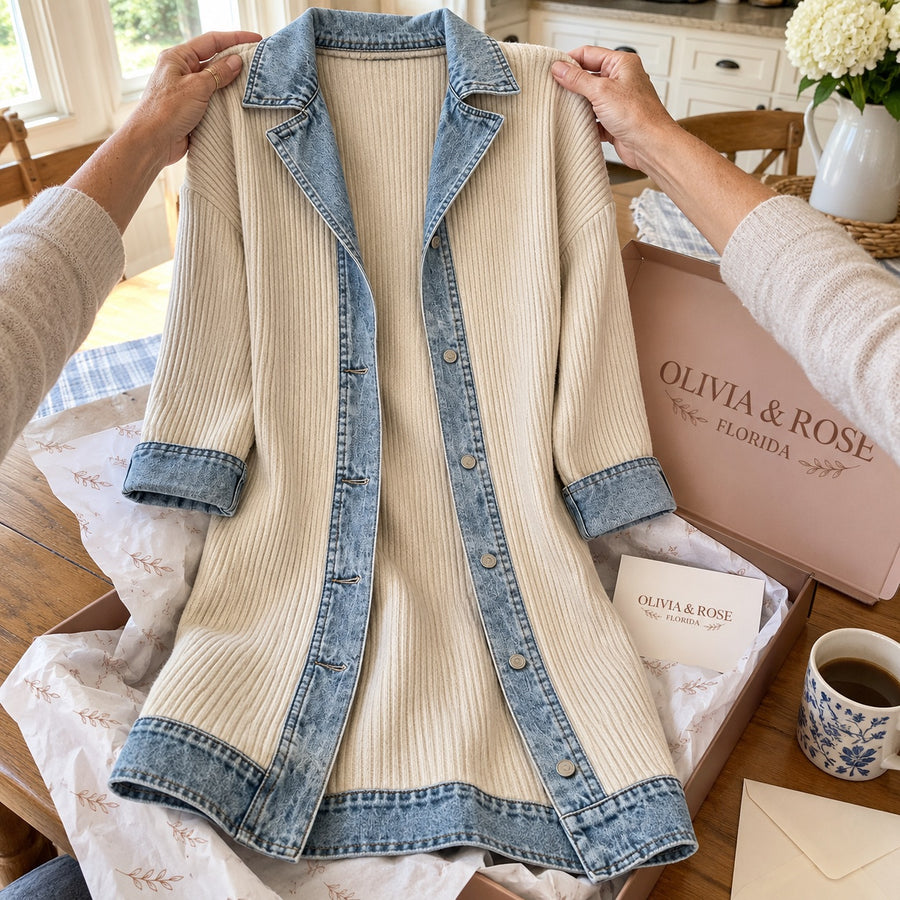 Unboxing the Riley cardigan at the kitchen table