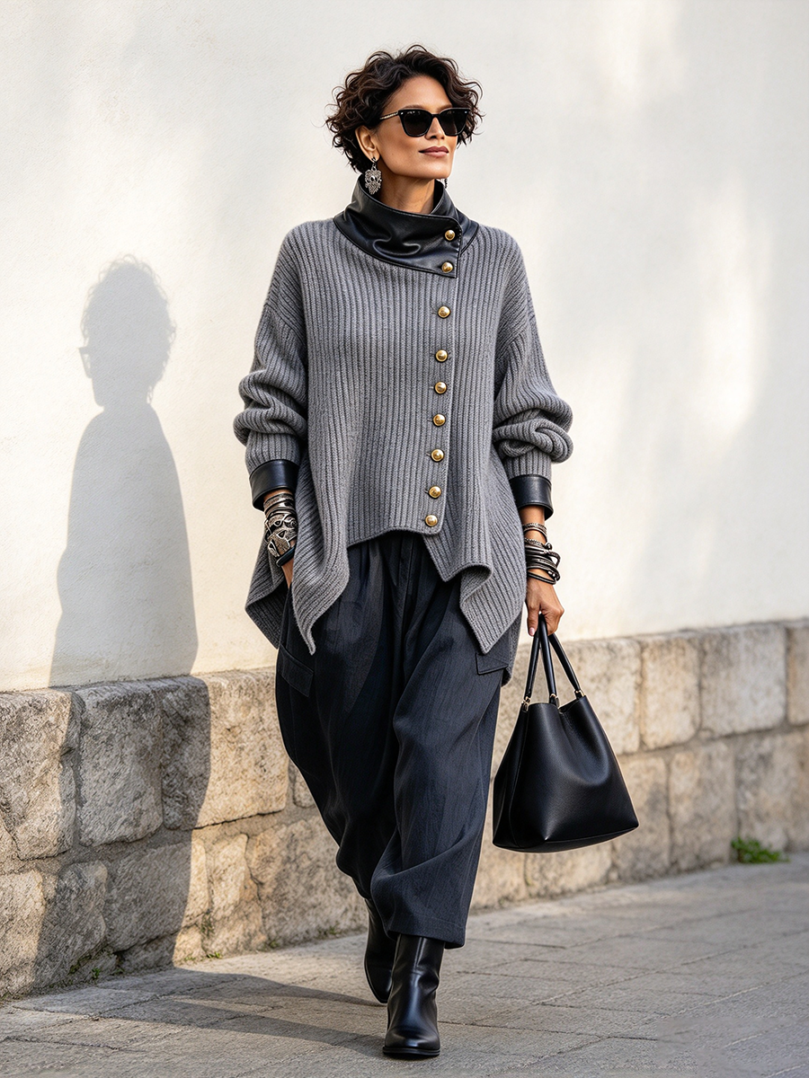 Olivia | Stylish Faux Leather Knit Cardigan Jacket