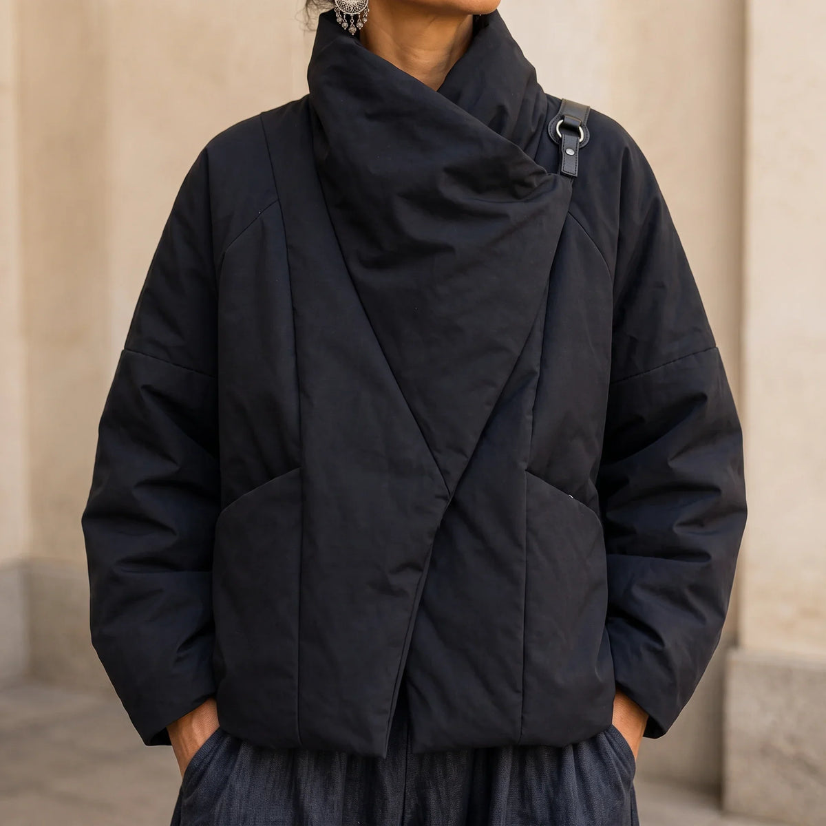 Veluna – Asymmetric Draped-Neck Puffer Jacket