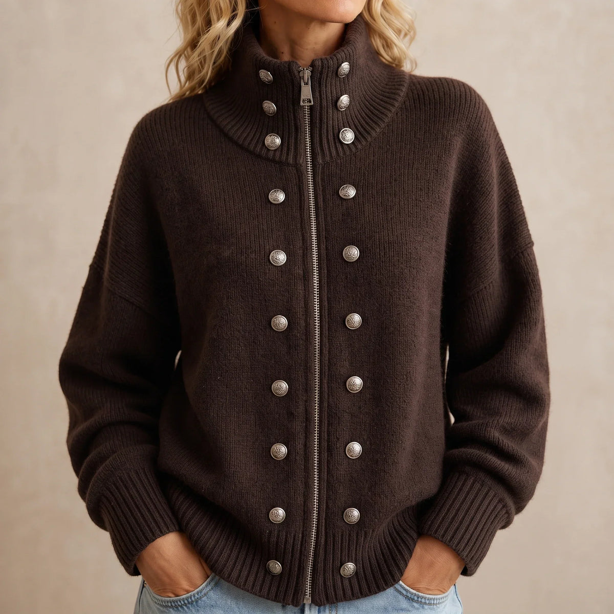 Wearbella – Double-Breasted Stand Collar Knit Cardigan