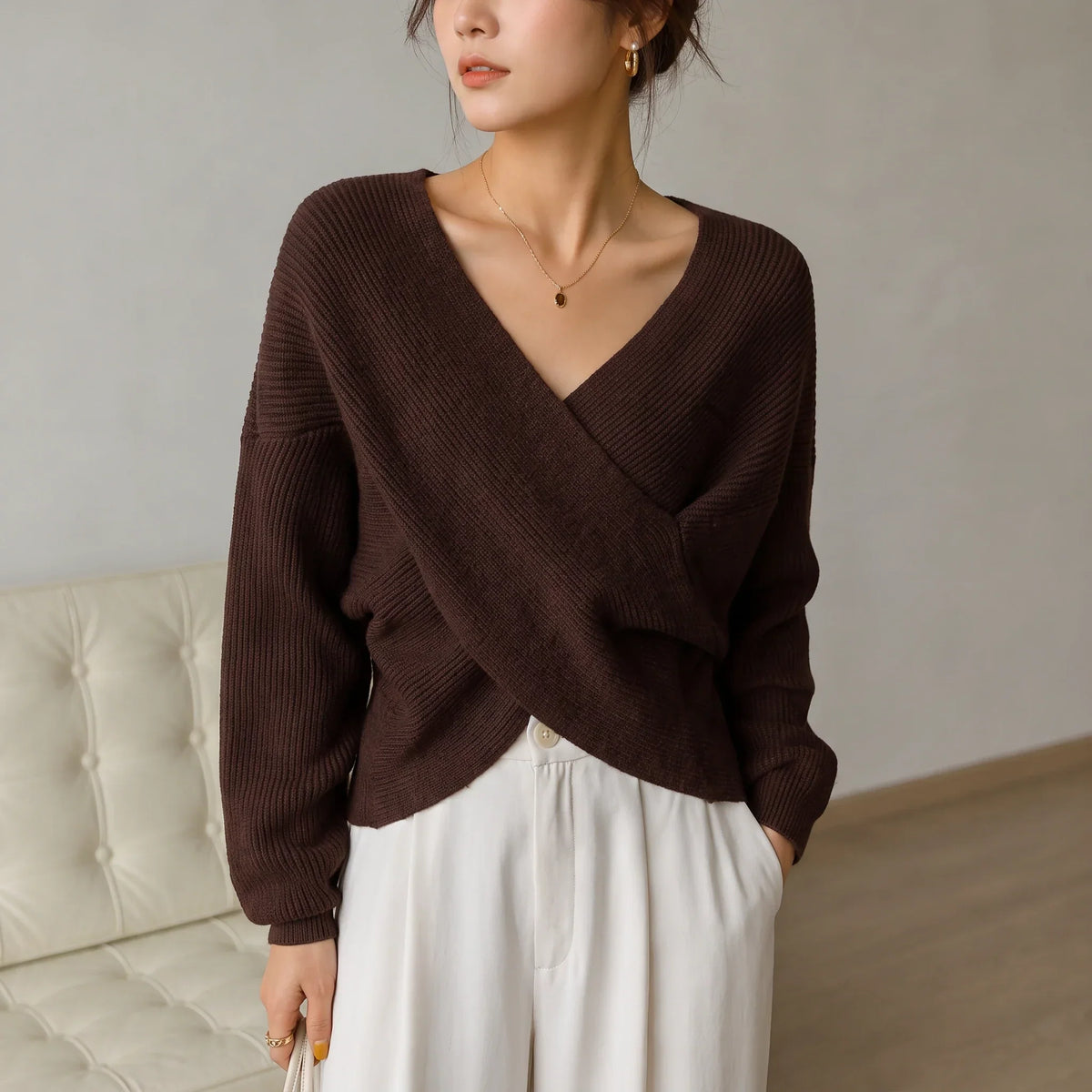 Vellora – Ribbed Cropped Wrap Sweater