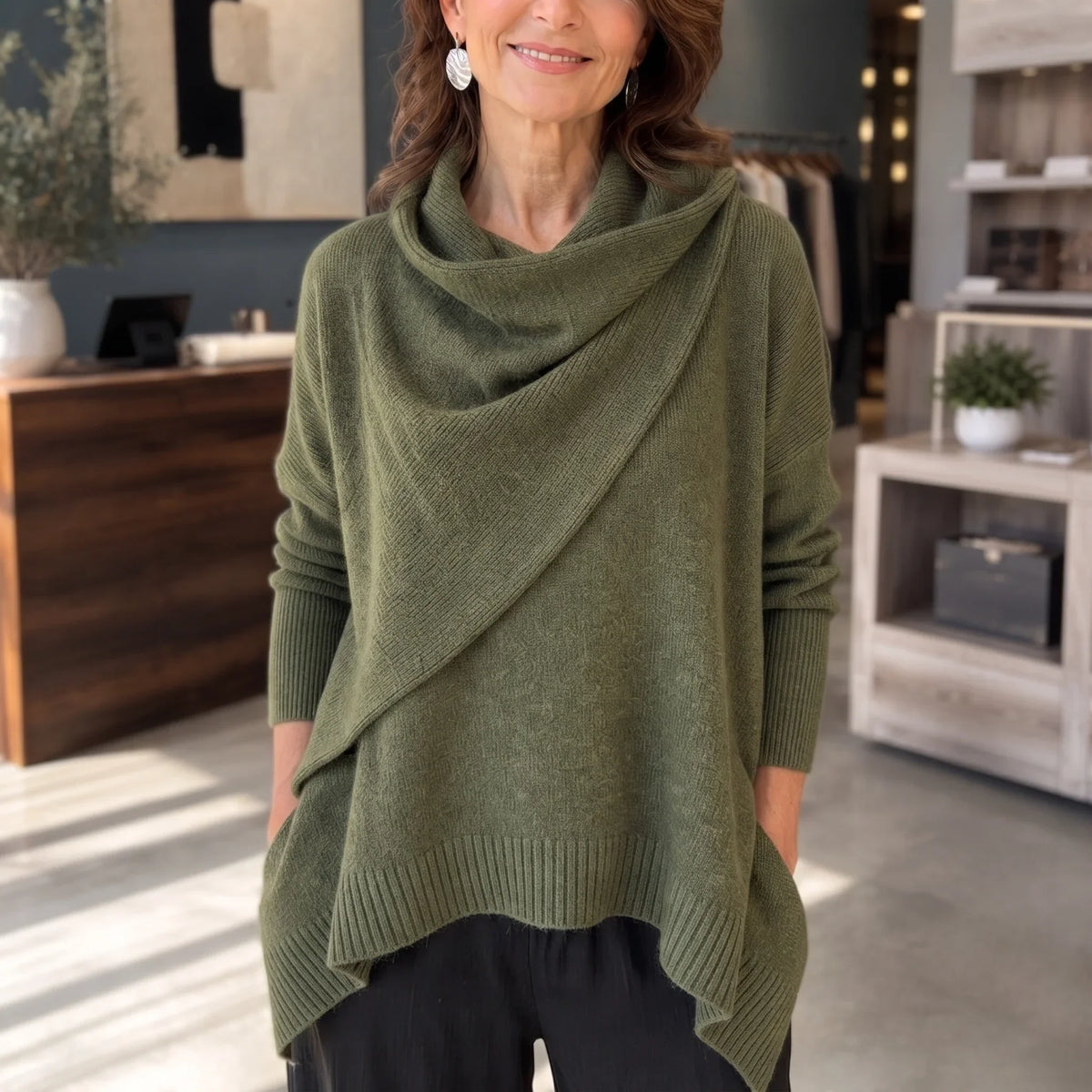 Cowlora – Draped Cowl-Neck Knit Pullover