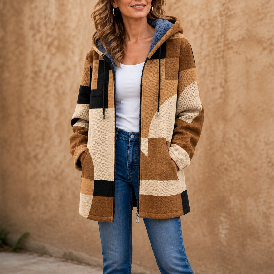 Patchwork & Poise – Geometric Color-Block Hooded Jacket