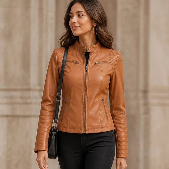 Velora – Cropped Faux-Leather Biker Jacket
