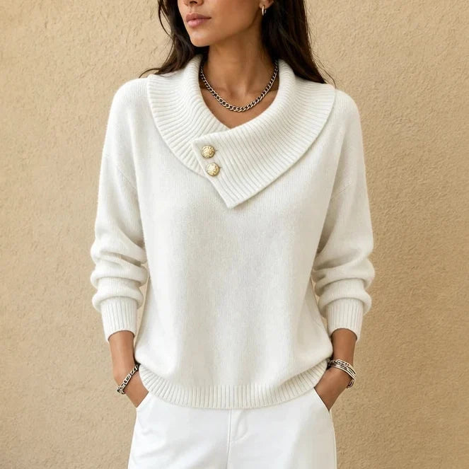 Foldelle – Asymmetrical Ribbed Collar Button Sweater
