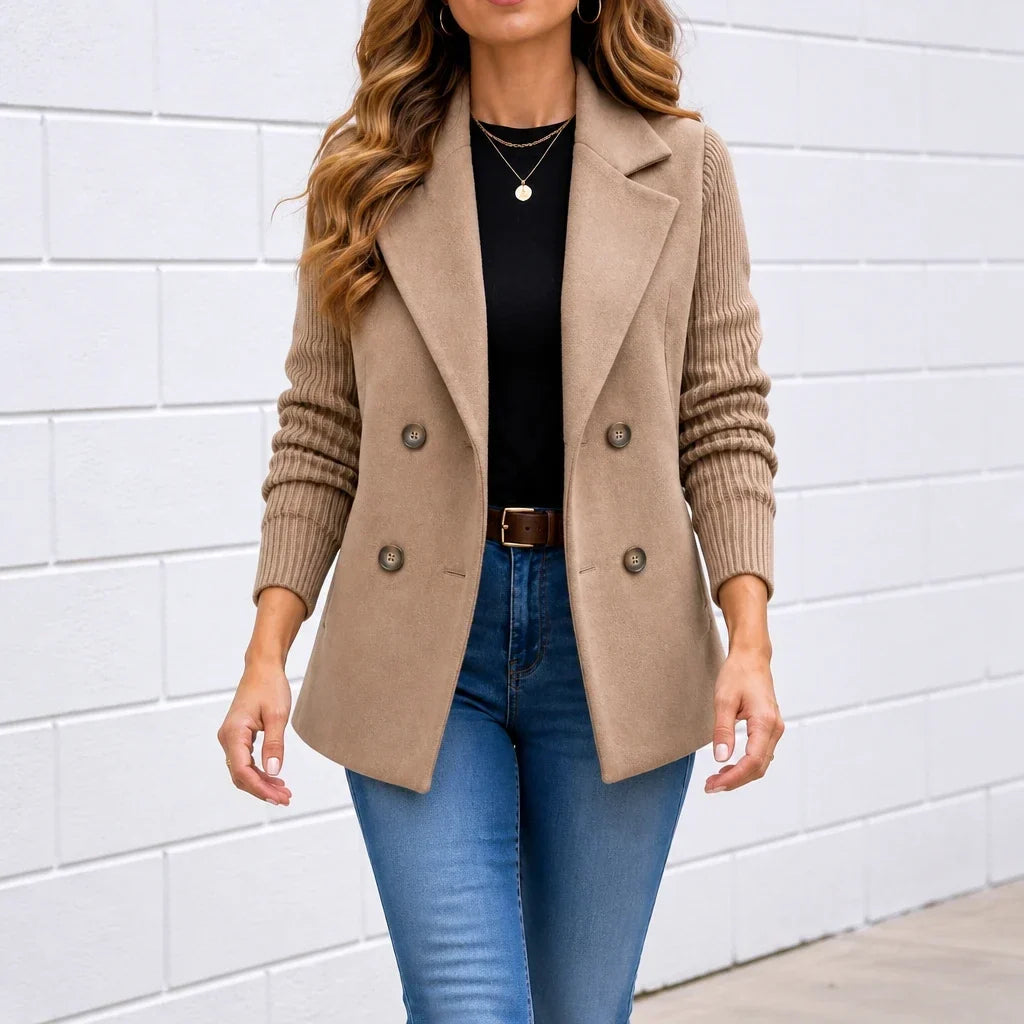 Celeste – Suede-Look Double-Breasted Knit-Sleeve Jacket