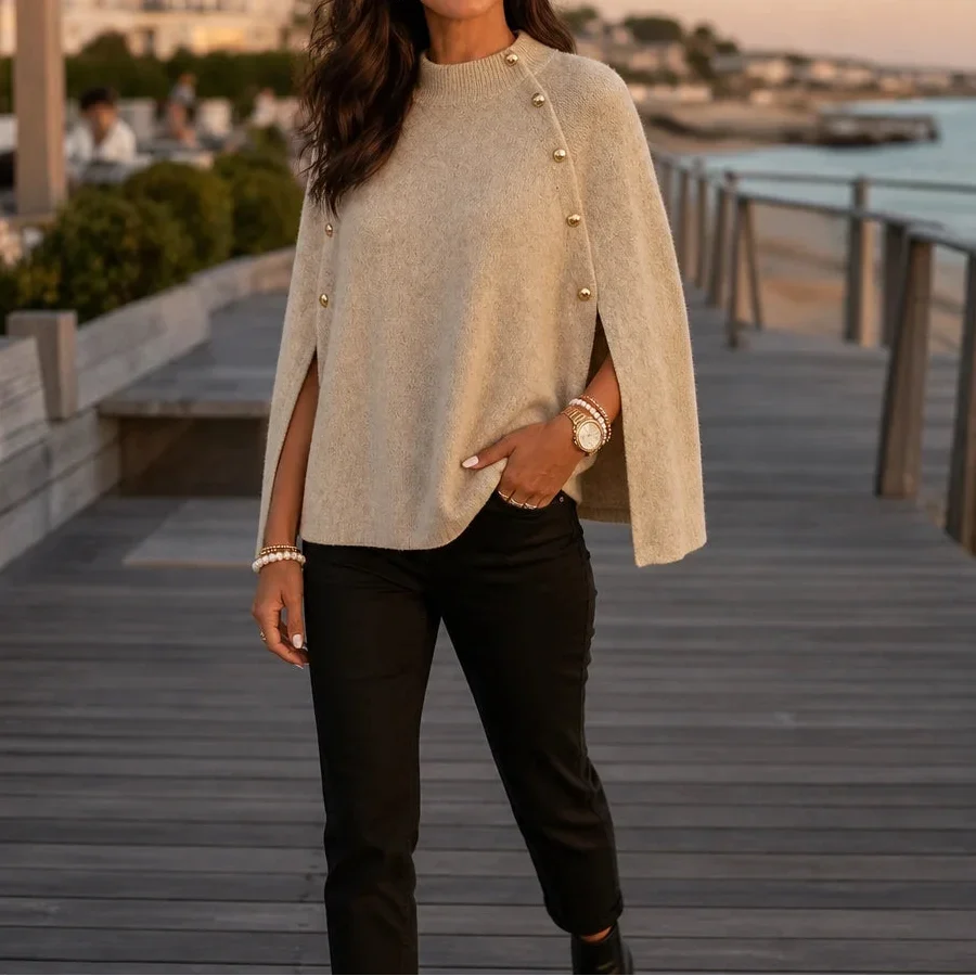Velora – Button-Detail Side-Slit Knit Poncho Sweater