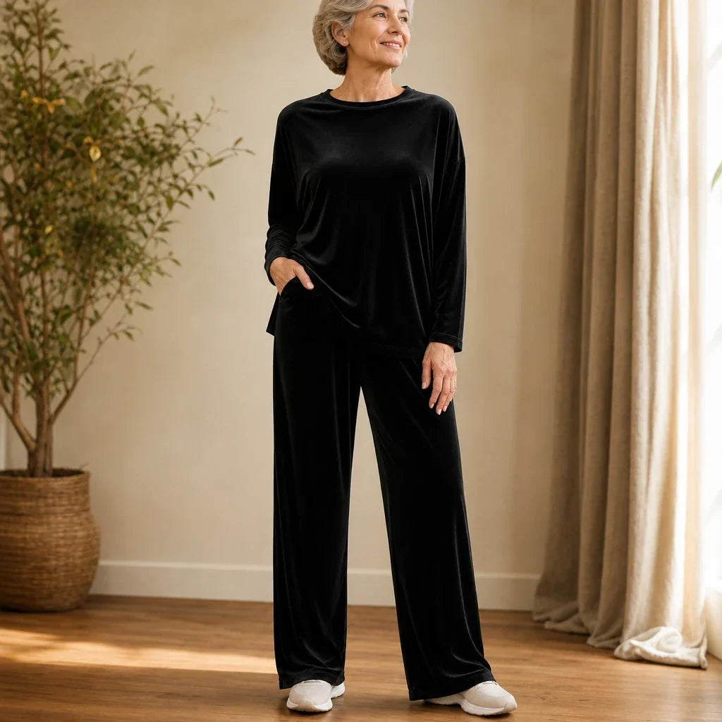Veloura – Velvet-Look Long-Sleeve Top And Wide-Leg Pants Set