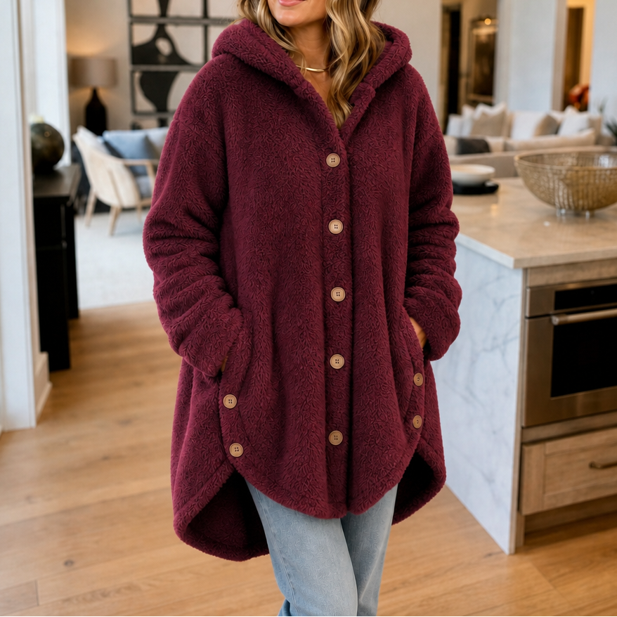 Veluna – Asymmetrical Button-Front Hooded Fleece Coat