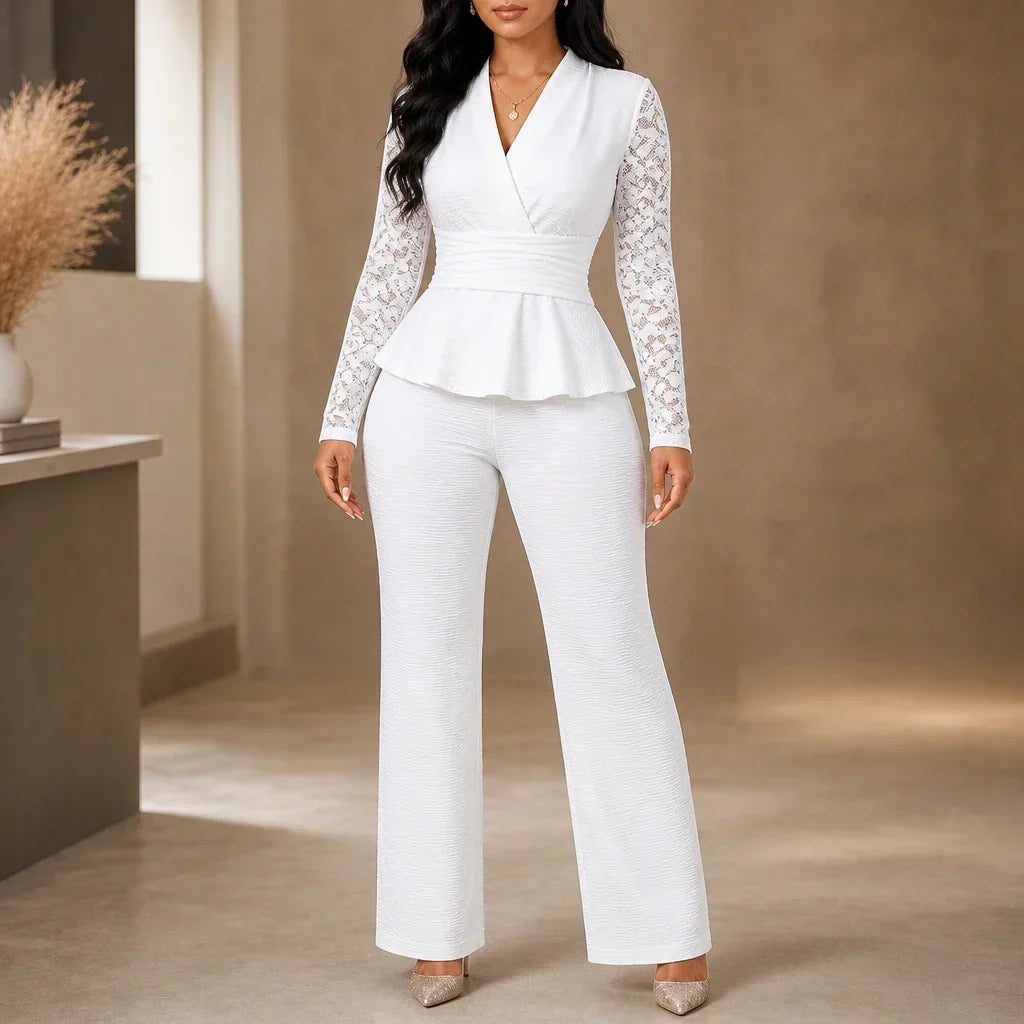 Vellora – Pleated Peplum Floral-Lace Two-Piece Pantsuit