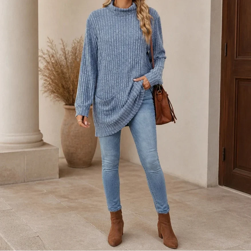 Cozyline – Ribbed Mock Neck Pocket Tunic