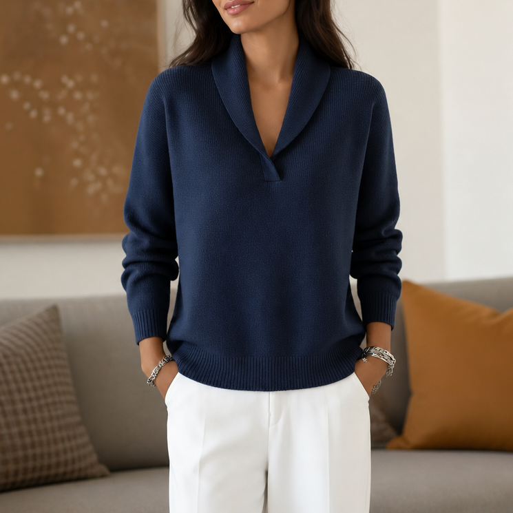 Antonia – Draped Shawl-Collar V-Neck Sweater