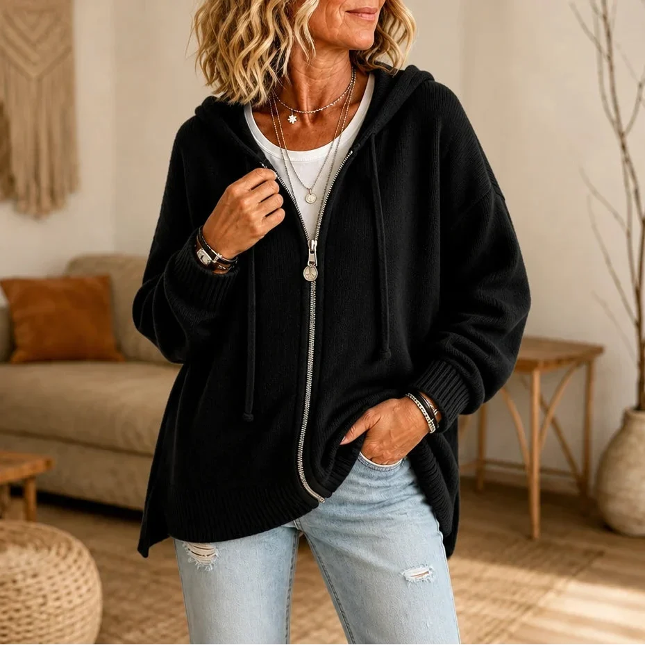 Cozyline – Zip-Front Hooded Knit Cardigan