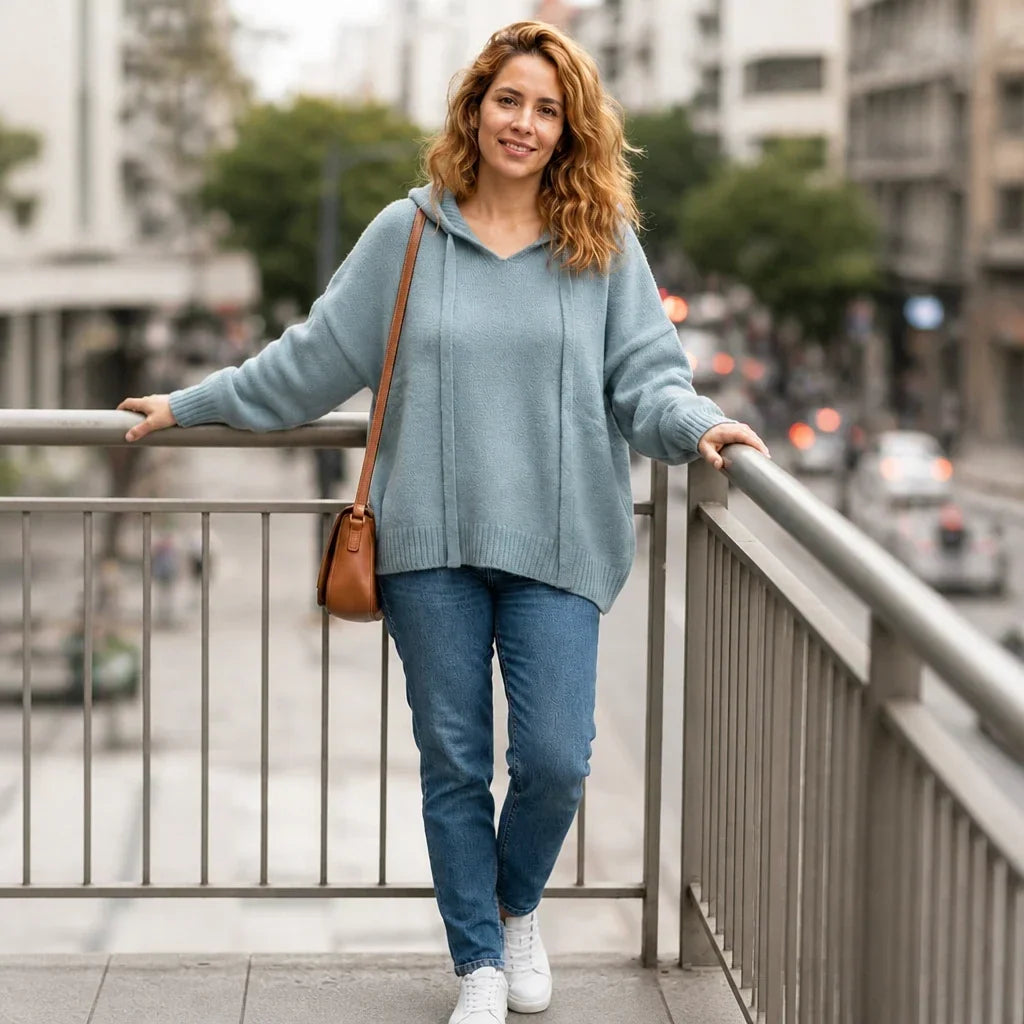 Easewell – Dropped Shoulder Knit Hoodie With Drawstring